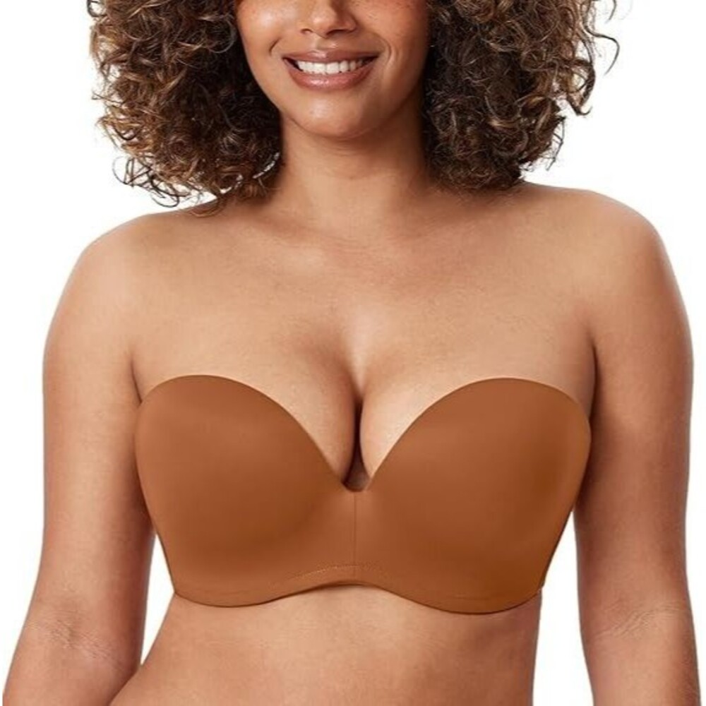 DELIMIRA Women's Strapless Bra 34E Plunge Push Up Big Busted Bronze Beige Lined